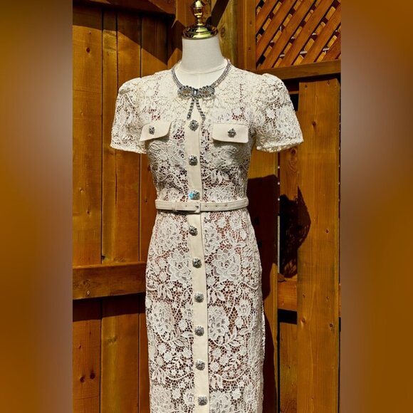 🆕 SELF-PORTRAIT 🧿 BNWOT Cream Lace Diamante Bow Midi Dress, Sz US 2 / UK 6 - Picture 9 of 16